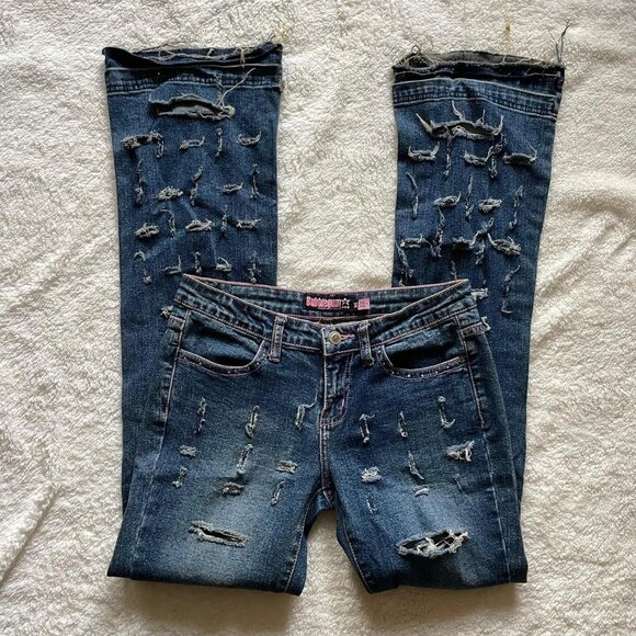 Vintage Bubblegum Distressed Low Rise Flare Jeans - Picture 1 of 8